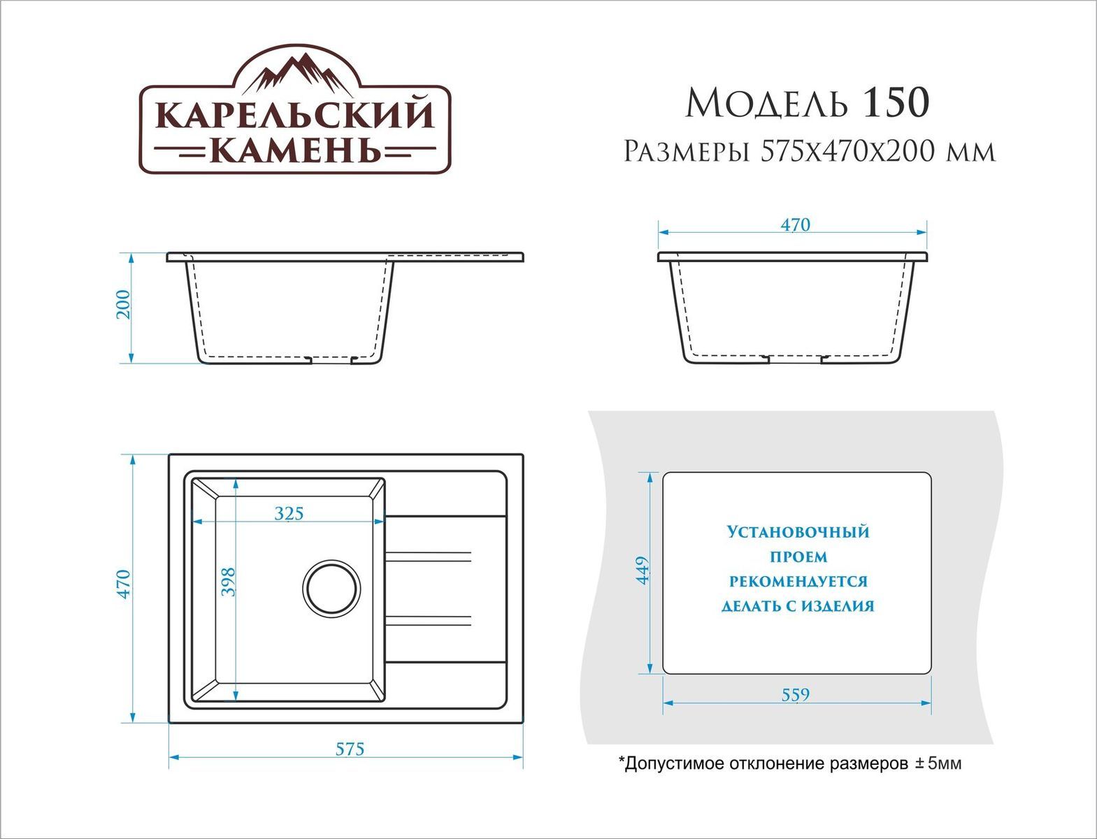 Мойка матовая 575*470*200мм, чёрный, ZETT